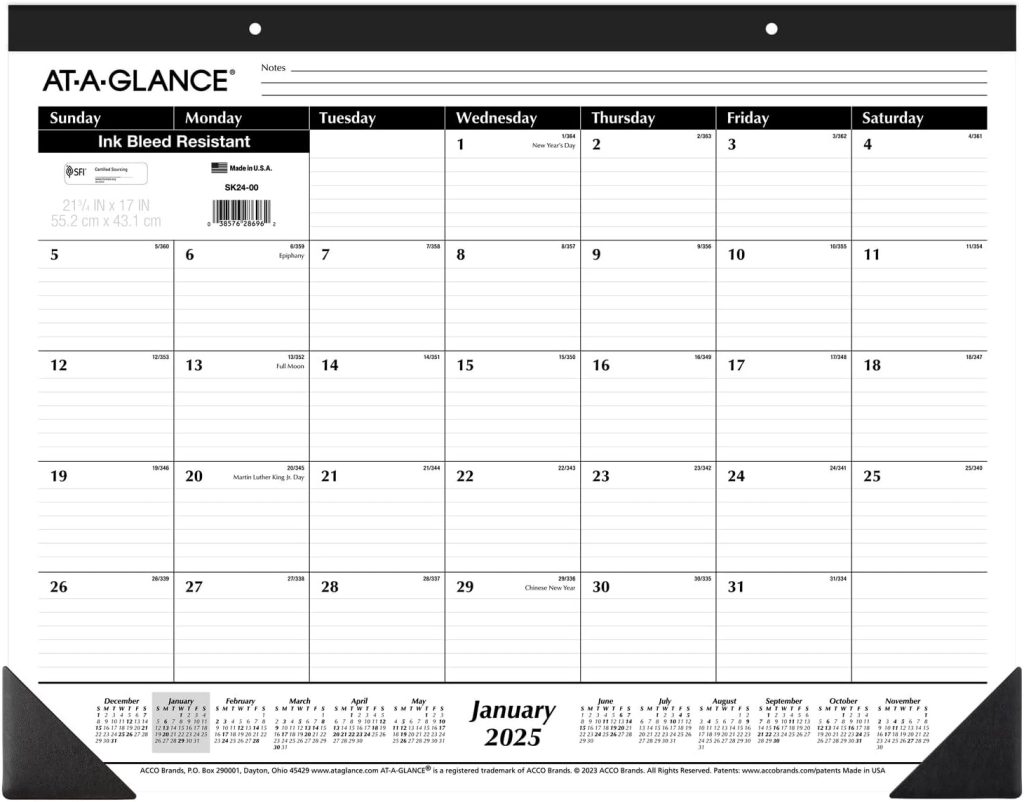 AT-A-GLANCE 2025 Desk Calendar, Desk Pad, 21-3/4" x 17", Large, Ruled Blocks, Monthly (SK250025)