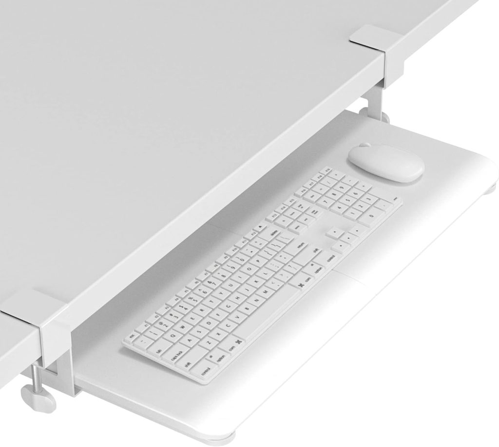 Keyboard Tray Under Desk, Pull Out Keyboard & Mouse Tray with C-clamp, 25.6 Excluding Clamps (30 Including Clamps) x 11.8 Inch Steady Slide-Out Computer Drawer for Typing, White