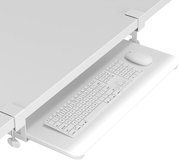 Keyboard Tray Under Desk, Pull Out Keyboard & Mouse Tray with C-clamp, 25.6 Excluding Clamps (30 Including Clamps) x 11.8 Inch Steady Slide-Out Computer Drawer for Typing, White