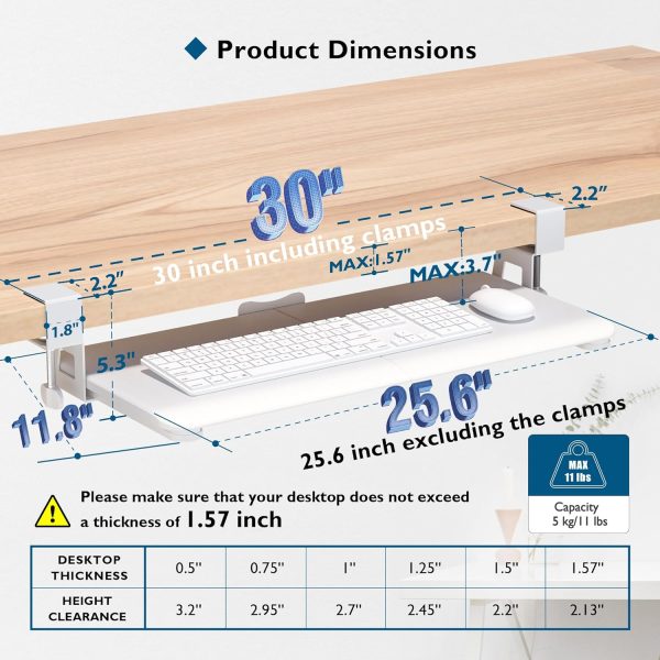 Keyboard Tray Under Desk, Pull Out Keyboard & Mouse Tray with C-clamp, 25.6 Excluding Clamps (30 Including Clamps) x 11.8 Inch Steady Slide-Out Computer Drawer for Typing, White - Image 2