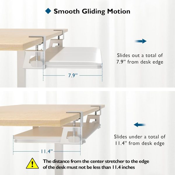 Keyboard Tray Under Desk, Pull Out Keyboard & Mouse Tray with C-clamp, 25.6 Excluding Clamps (30 Including Clamps) x 11.8 Inch Steady Slide-Out Computer Drawer for Typing, White - Image 3