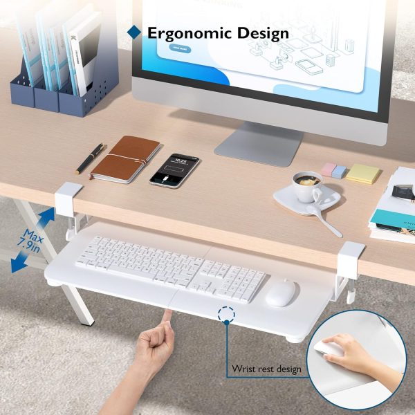Keyboard Tray Under Desk, Pull Out Keyboard & Mouse Tray with C-clamp, 25.6 Excluding Clamps (30 Including Clamps) x 11.8 Inch Steady Slide-Out Computer Drawer for Typing, White - Image 6