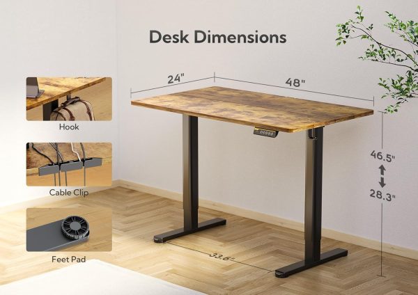 Electric Standing Desk, Adjustable Height Stand up Desk, 48x24 Inches Sit Stand Home Office Desk with Splice Board, Black Frame/Rustic Brown Top - Image 4