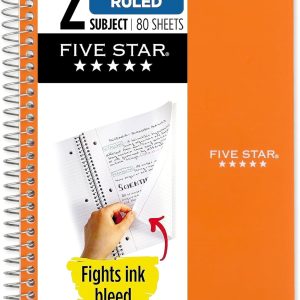 Five Star Spiral Notebook + Study App, 5 Subject, College Ruled Paper, Fights Ink Bleed, Water Resistant Cover, 8-1/2" x 11", 200 Sheets, Black (72081)