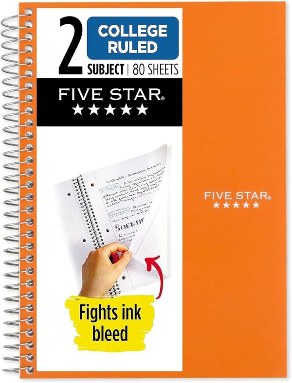 Five Star Spiral Notebook + Study App, 5 Subject, College Ruled Paper, Fights Ink Bleed, Water Resistant Cover, 8-1/2" x 11", 200 Sheets, Black (72081)