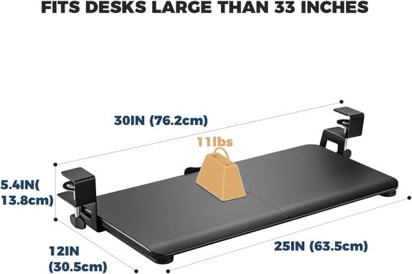 Keyboard Tray Under Desk, Slide Out Computer Keyboard & Mouse Tray with C Clamp-on Mount Easy to Install,30" W（Including Clamps） X 12"D Large Size,Black - Image 2