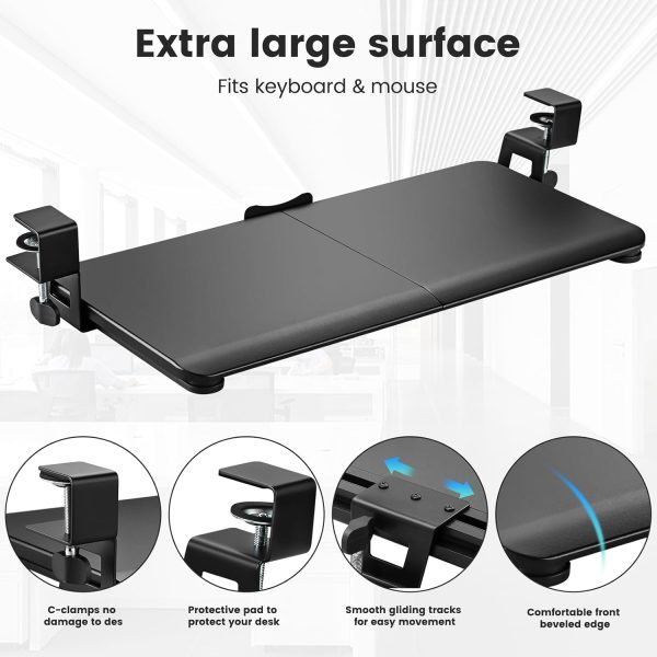 Keyboard Tray Under Desk, Slide Out Computer Keyboard & Mouse Tray with C Clamp-on Mount Easy to Install,30" W（Including Clamps） X 12"D Large Size,Black - Image 5