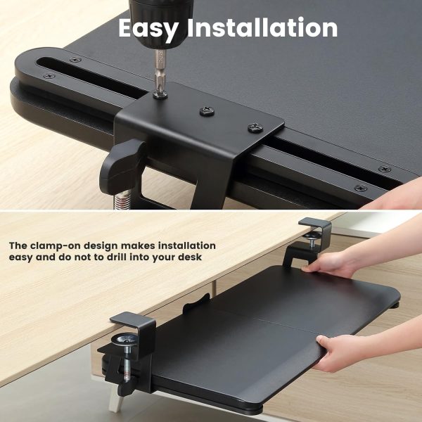 Keyboard Tray Under Desk, Slide Out Computer Keyboard & Mouse Tray with C Clamp-on Mount Easy to Install,30" W（Including Clamps） X 12"D Large Size,Black - Image 6