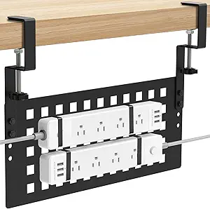 Under Desk Cable Management Tray No Drill, Metal Mesh Cable Management Under Desk with Clamp Mount, 2 Hole Cable Tray with Desk Wire Management and Desk Cord Organizer for Home Office Standing Desk