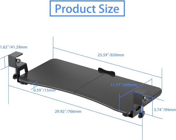 Keyboard Tray Under Desk Pull Out with C Clamp Mount, Computer Keyboard & Mouse Tray, 25.6 (30 Including Clamps) x 11.8 inch Slide-Out Platform Computer Drawer for Typing, Black, DSF1 - Image 5