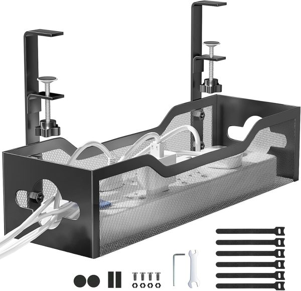 Under Desk Cable Management Tray White, Cinati Cable Management Under Desk No Drill, Cable Tray with Clamp for Desk Wire Management,Desk Cable Management Box for Office, Home - No Damage to Desk