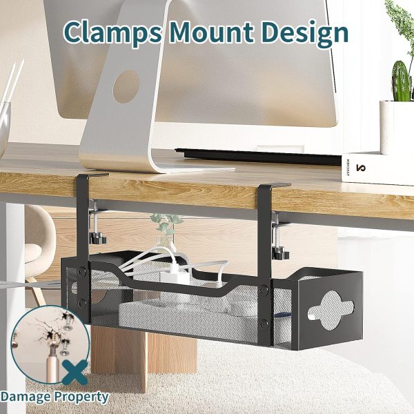 Under Desk Cable Management Tray White, Cinati Cable Management Under Desk No Drill, Cable Tray with Clamp for Desk Wire Management,Desk Cable Management Box for Office, Home - No Damage to Desk - Image 2