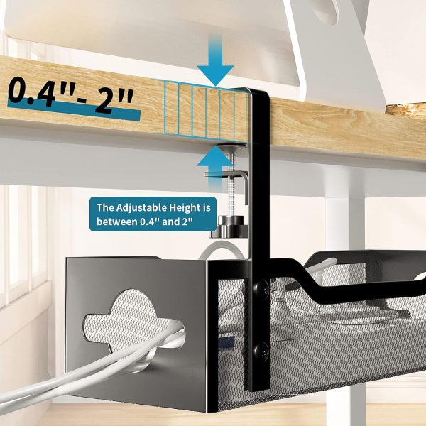 Under Desk Cable Management Tray No Drill, Metal Mesh Cable Management Under Desk with Clamp Mount, 2 Hole Cable Tray with Desk Wire Management and Desk Cord Organizer for Home Office Standing Desk - Image 3