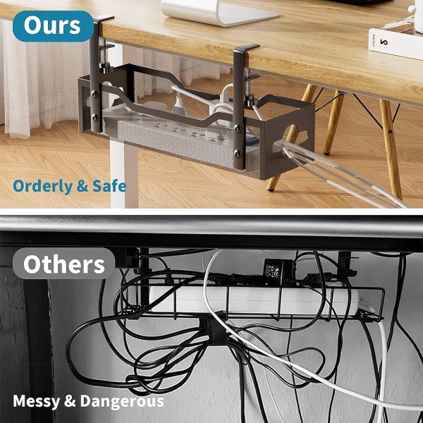Under Desk Cable Management Tray White, Cinati Cable Management Under Desk No Drill, Cable Tray with Clamp for Desk Wire Management,Desk Cable Management Box for Office, Home - No Damage to Desk - Image 4