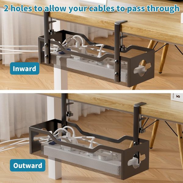 Under Desk Cable Management Tray No Drill, Metal Mesh Cable Management Under Desk with Clamp Mount, 2 Hole Cable Tray with Desk Wire Management and Desk Cord Organizer for Home Office Standing Desk - Image 5
