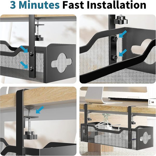 Under Desk Cable Management Tray No Drill, Metal Mesh Cable Management Under Desk with Clamp Mount, 2 Hole Cable Tray with Desk Wire Management and Desk Cord Organizer for Home Office Standing Desk - Image 6