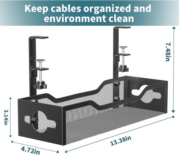 Under Desk Cable Management Tray No Drill, Metal Mesh Cable Management Under Desk with Clamp Mount, 2 Hole Cable Tray with Desk Wire Management and Desk Cord Organizer for Home Office Standing Desk - Image 7