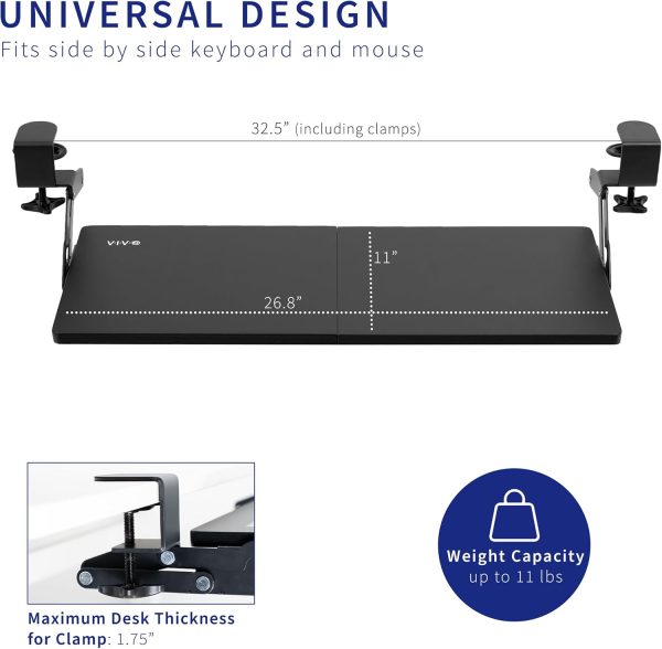 Large Clamp-on 27 (33 Including Clamps) x 11 inch Computer Keyboard and Mouse Tray with 12 Setting Swinging Height Adjustment, Platform Drawer for Typing, Black, MOUNT-KB08V - Image 6